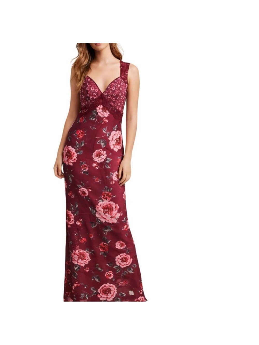 Avec Les Filles Burgundy Floral Lace-Trim Maxi Dress